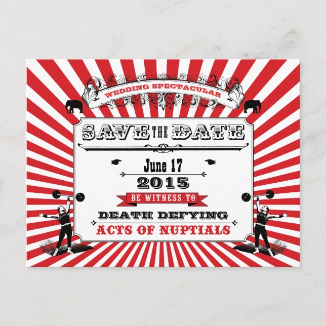 Circus Steampunk Wedding Save the Date Red Ankündigungspostkarte (Vorderseite)