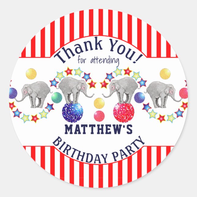Circus Theme Elephant Carnival Party Runder Aufkleber (Vorderseite)