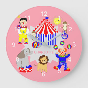 Circus Zelt Cartoon Clowns & Tiere Personalisiert Große Wanduhr
