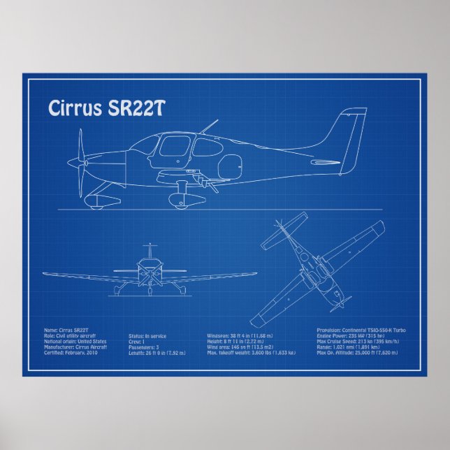 Cirrus SR22T - Flugzeugkonzept Zeichnend Pläne AD Poster (Vorne)