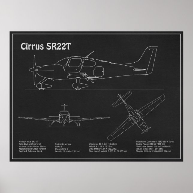 Cirrus SR22T - Flugzeugkonzept Zeichnend Pläne PD Poster (Vorne)