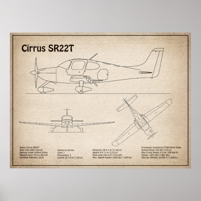Cirrus SR22T - Flugzeugkonzept Zeichnend Pläne SD Poster (Vorne)