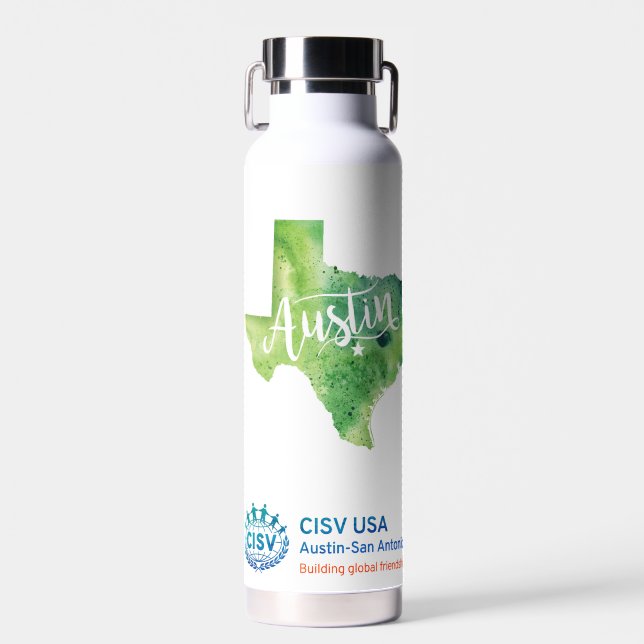 CISV Austin Texas Motif Thor Kupfer isoliert Trinkflasche (Vorne)