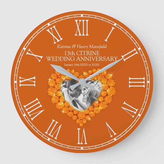 Citrine Foto Herz 13. Hochzeitstag Große Wanduhr (Vorderseite)