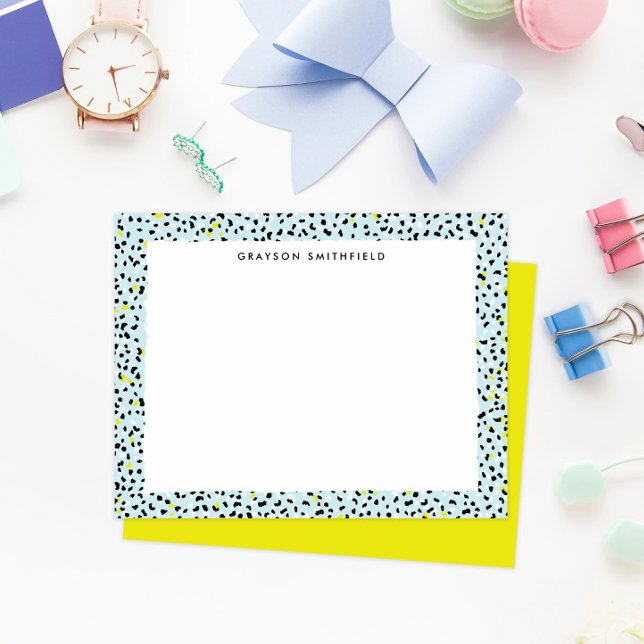 Citron Aqua Snow Leopard Print Personal Stationery Einladung (fun colorful ice blue and citron yellow leopard print border frame personal stationery note cards)