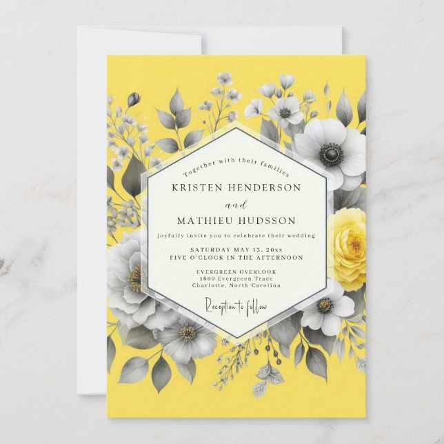 Citron Graphite Flora Wedding Einladung (Vorderseite)