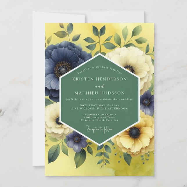 Citron Indigo Bloom Wedding Einladung (Vorderseite)