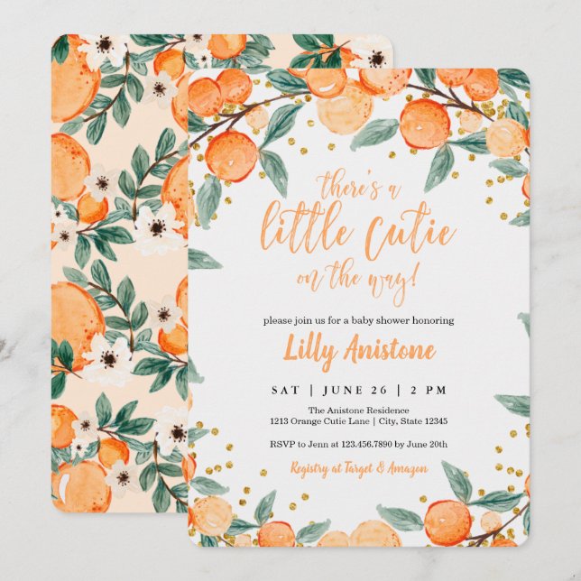Citrus Baby Shower Botanical Orange Kleine Süsse Einladung (Vorne/Hinten)