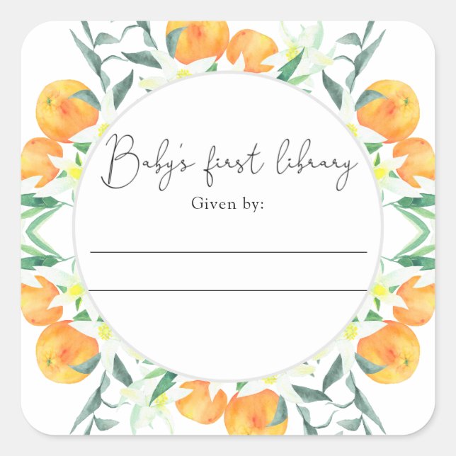 Citrus - Babydusche Buchzeichen, Babybücher Quadratischer Aufkleber (Vorderseite)