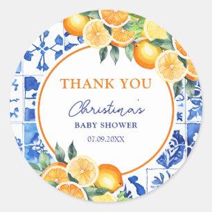 Citrus Blue Tiles Baby Dusche Vielen Dank Runder Aufkleber
