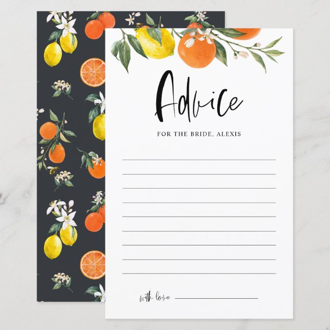 Citrus Botanical Brautparty Advice Card (Vorne/Hinten)