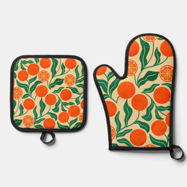 Citrus Botanical Oven Mitt & Pot Holder Ofenhandschuh & Topflappen-Set (Vorderseite)