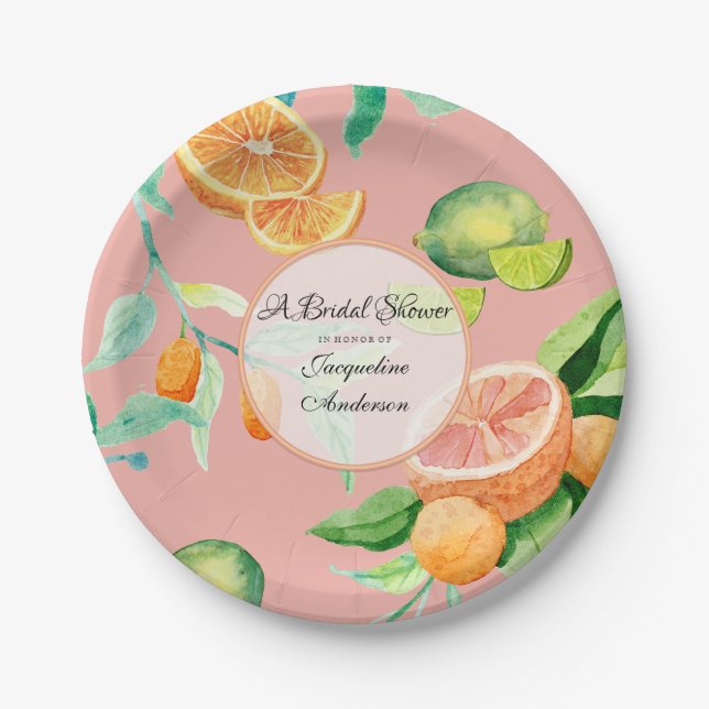 Citrus Brautparty Tee Party Orange Pink Leaf Pappteller (Vorderseite)