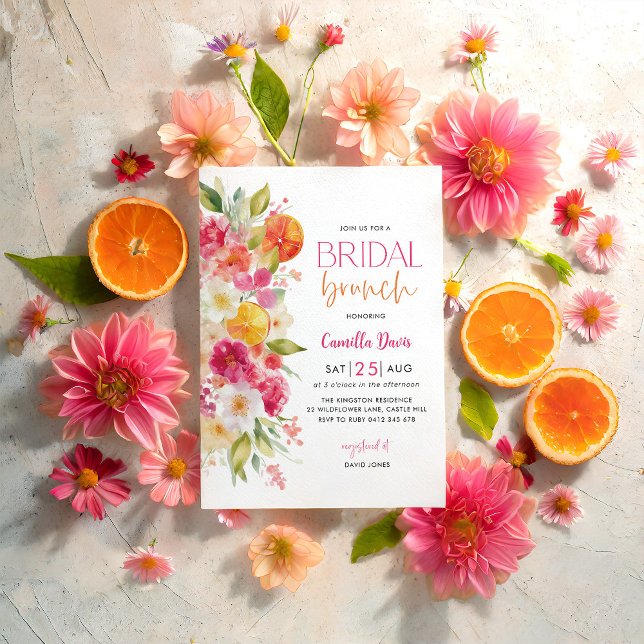 Citrus Bridal Brunch, helle Blüte Mittelmeer Einladung (Bright Floral Citrus Orange Bridal Shower Invitation Mediterranean Bridal Brunch)