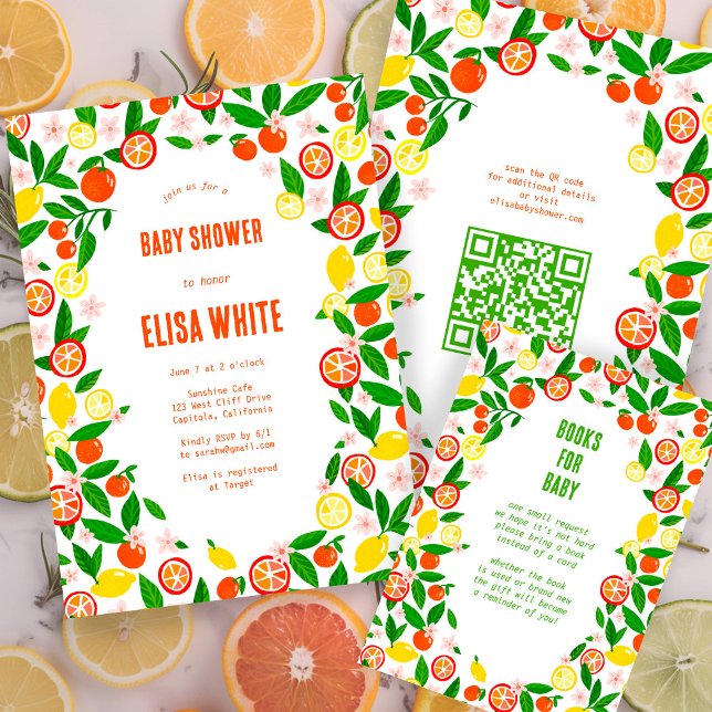 Citrus Celebration CUSTOM BABY SHOWER BÜCHER 4 BAB Begleitkarte (Citrus Celebration CUSTOM BABY SHOWER BOOKS for BABY Enclosure Card Fruits Oranges Lemons Summer
)