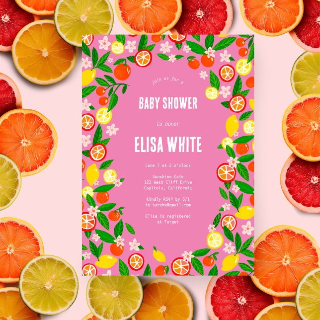 Citrus Celebration CUSTOM Bold Summer BABY SHOWER Einladung (Citrus Celebration CUSTOM Bold Summer BABY SHOWER Invitation Pink)