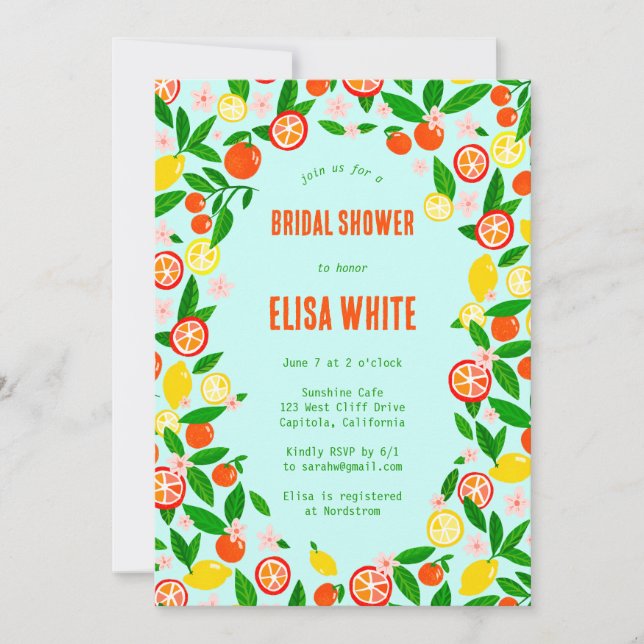 Citrus Celebration CUSTOM QR Summer BRIDAL SHOWER Einladung (Vorderseite)