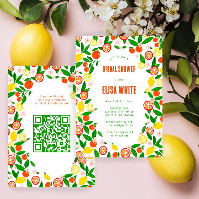 Citrus Celebration CUSTOM QR Summer BRIDAL SHOWER Einladung (Citrus Celebration CUSTOM QR Code Hand-drawn Summer BRIDAL SHOWER Invitation
)