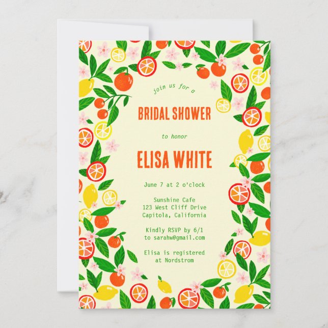 Citrus Celebration CUSTOM QR Summer BRIDAL SHOWER Einladung (Vorderseite)