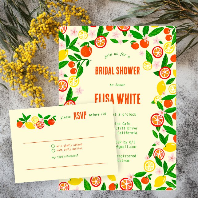 Citrus Celebration CUSTOM Summer BRIDAL SHOWER RSVP Karte (Citrus Celebration CUSTOM Hand-drawn Summer BRIDAL SHOWER RSVP Card
)