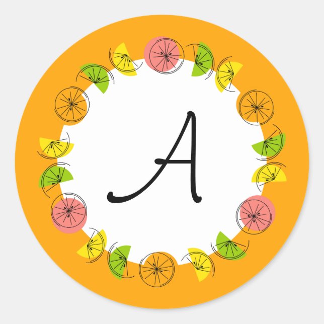 Citrus Circle Orange Monogram Aufkleber rund (Vorderseite)