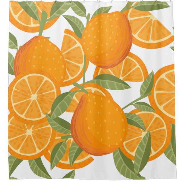 Citrus Delight: Orangefarbenes Muster Duschvorhang (Vorderseite)