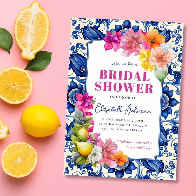 Citrus Floral Blue Tile Brautparty Einladung (Citrus Floral Blue Tile Bridal Shower Invitation)