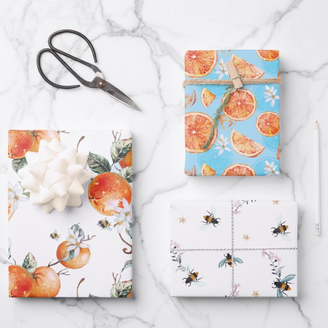 Citrus Floral Bumble Bee Watercolor Geschenkpapier Set (Vorderseite)