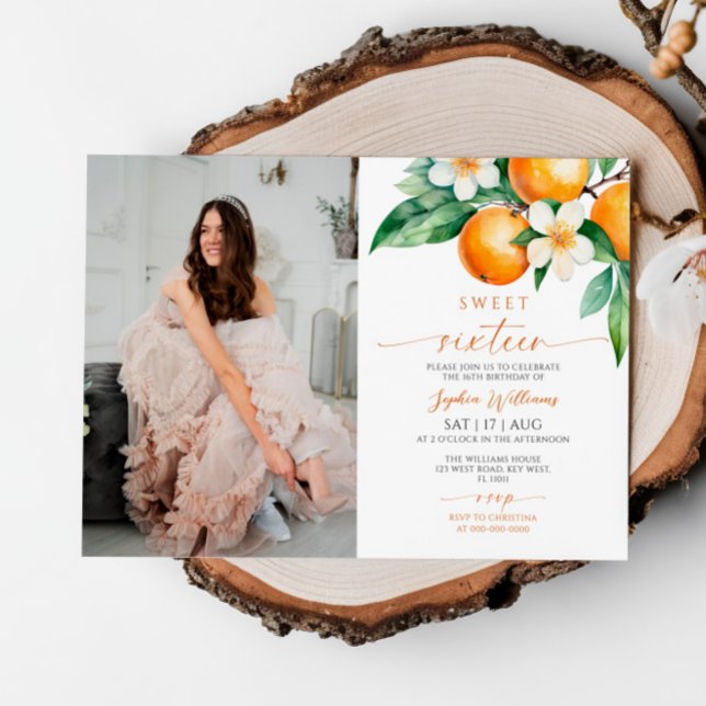 Citrus Floral Foto Sweet 16 Geburtstag Einladung (Von Creator hochgeladen)