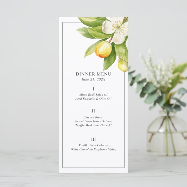 Citrus Floral Wedding Menu Cards Menükarte (Stehend Vorderseite)