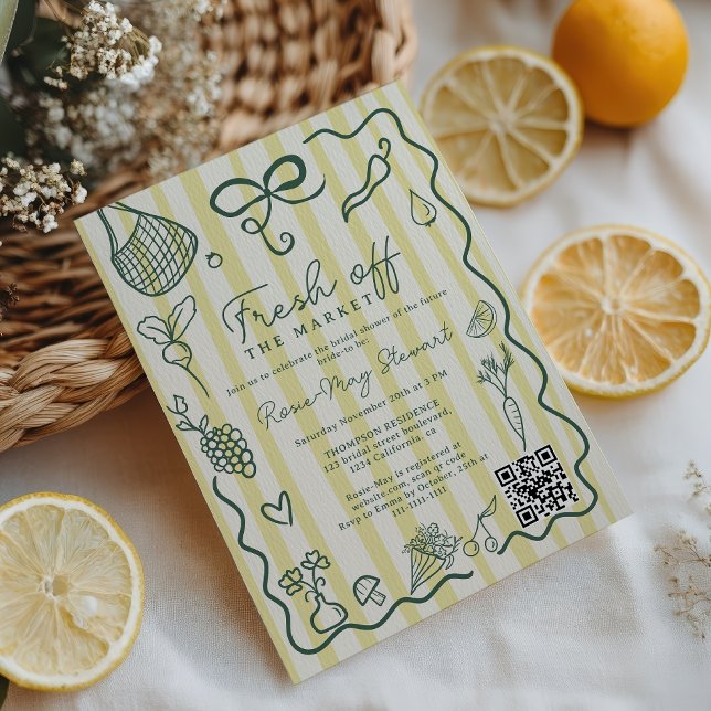 Citrus Fresh Off the Market Hand Drawn QR Bridal Einladung (Citrus Fresh Off the Market Hand Drawn QR Bridal Invitation)