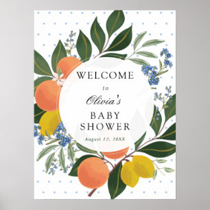 Citrus Greenery Blue Baby Dusche Begrüßungszeichen Poster
