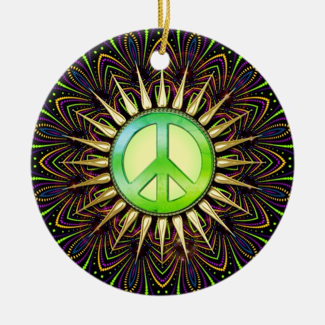 Citrus Groove Peace Sign Psychedelic Mandala Keramik Ornament (Vorne)