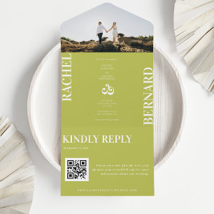 Citrus Grün & Weiße Typografie QR-Code Hochzeit All In One Einladung