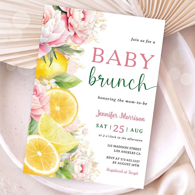 Citrus Lemon Baby Brunch Girl Pink Floral Einladung (Von Creator hochgeladen)