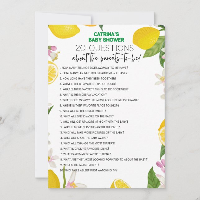 Citrus Lemon Baby Shower - Bearbeitbarer Name, 12x Einladung (Vorderseite)