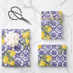 Citrus Lemon Blauer portugiesischer Tile Mittelmee Geschenkpapier Set