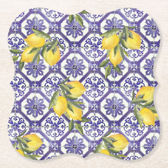 Citrus Lemon Blauer portugiesischer Tile Mittelmee Untersetzer (Vorderseite)