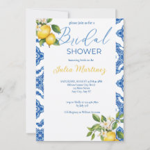 Citrus Lemon Blue Tile Bridal Dusche Einladung