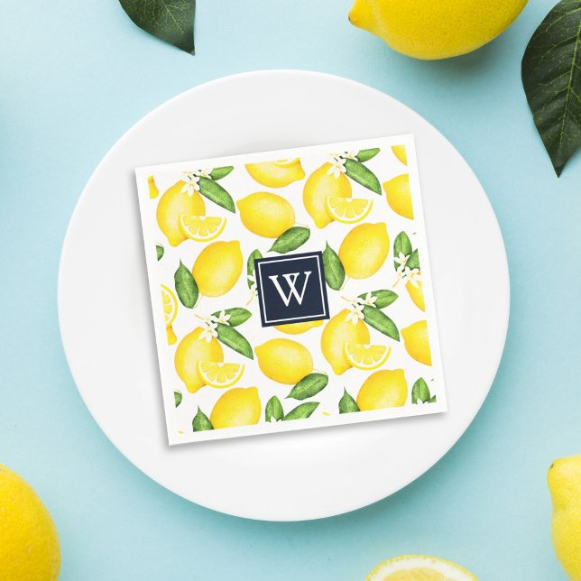 Citrus Lemon Botanical Navy Monogram Serviette (Von Creator hochgeladen)