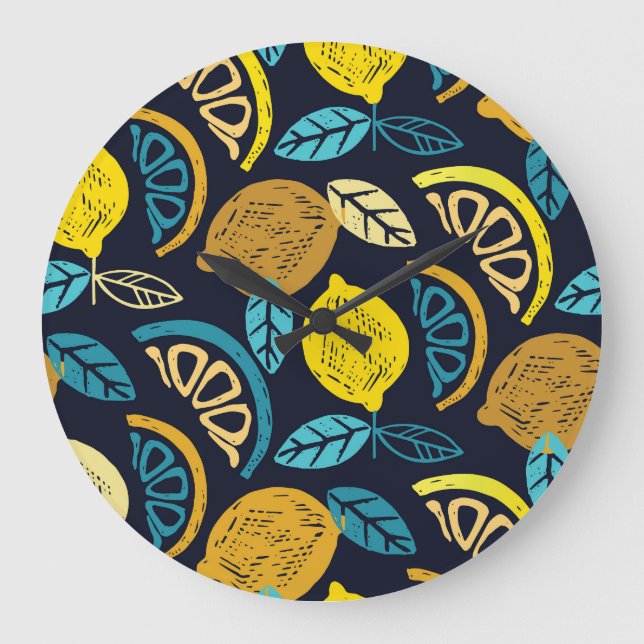 Citrus Lemon Doodle Muster Hintergrund Große Wanduhr (Vorderseite)