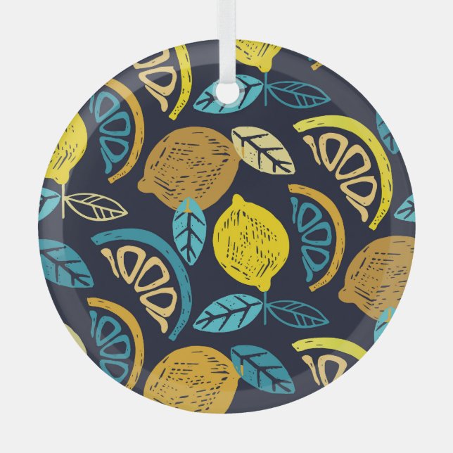 Citrus Lemon Doodle Muster Hintergrund Ornament Aus Glas (Vorderseite)