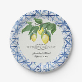 Citrus Lemon Floral Leaf Foliage Wreath Blue White Pappteller