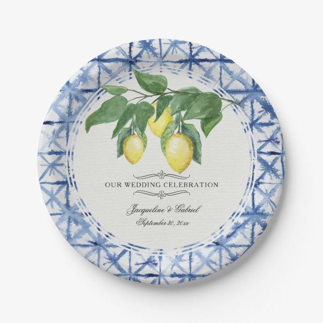 Citrus Lemon Floral Leaf Foliage Wreath Blue White Pappteller (Vorderseite)