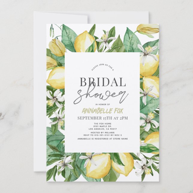 Citrus Lemon Floral Watercolor Bridal Shower Einladung (Vorderseite)