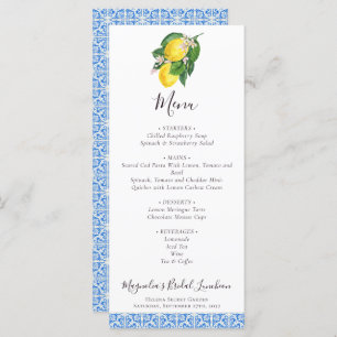 Citrus Lemon Mediterranean Blue Bridal Luncheon Menükarte