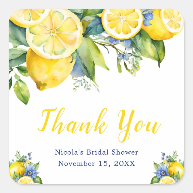 Citrus Lemon Mediterranean Bridal Shower Quadratischer Aufkleber (Vorderseite)