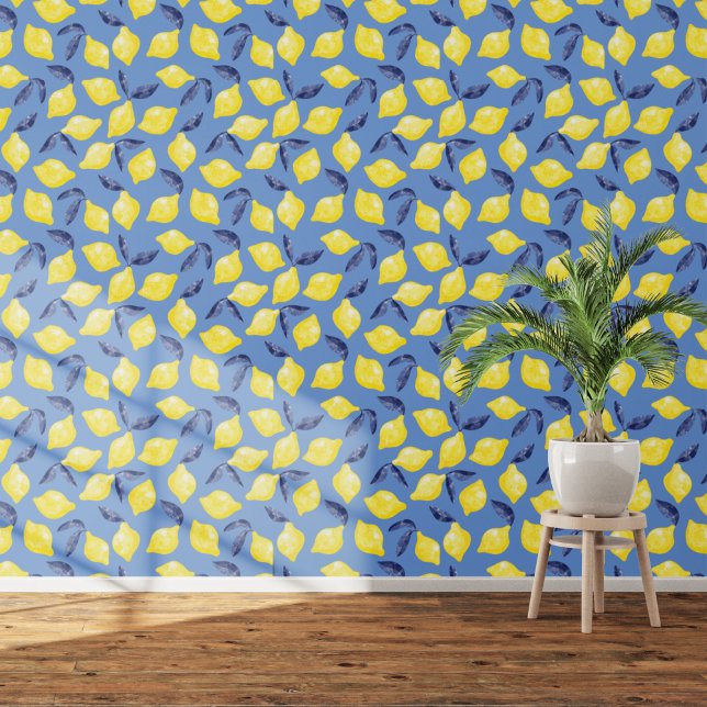 Citrus Lemon Mittelmeer Gelb Farbe Wasser Tapete (Blue and yellow citrus lemon watercolor Mediterranean art wallpaper)