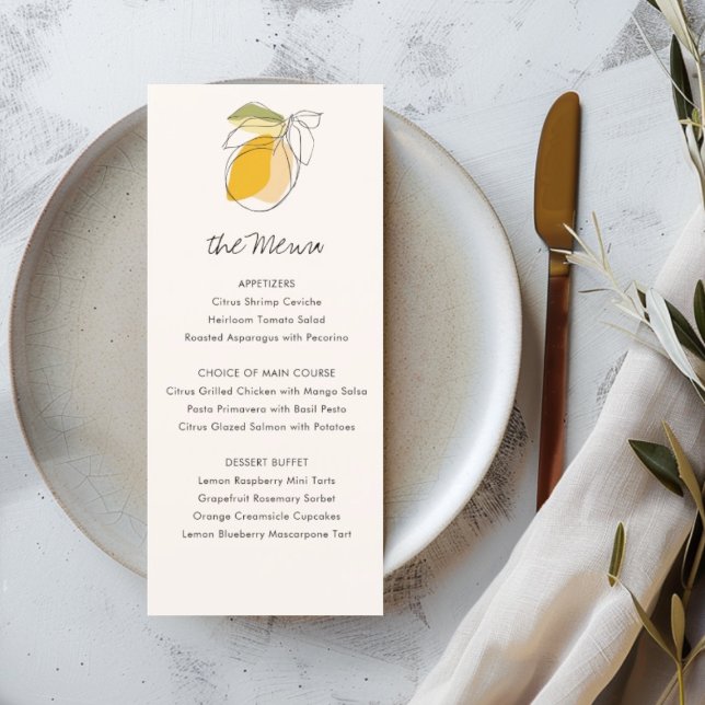 Citrus Lemon Modern Line Zeichnend Hochzeitsmenü Menükarte (Von Creator hochgeladen)