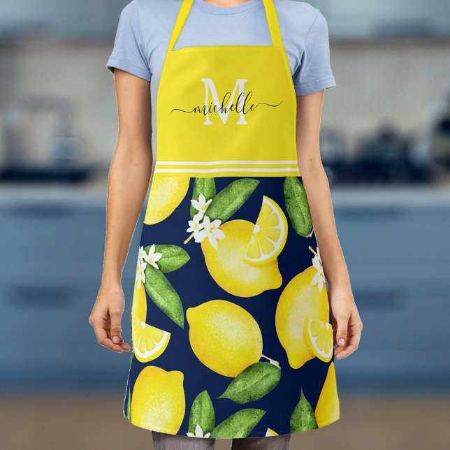 Citrus Lemon Monogram Navy Blue Schürze (Von Creator hochgeladen)
